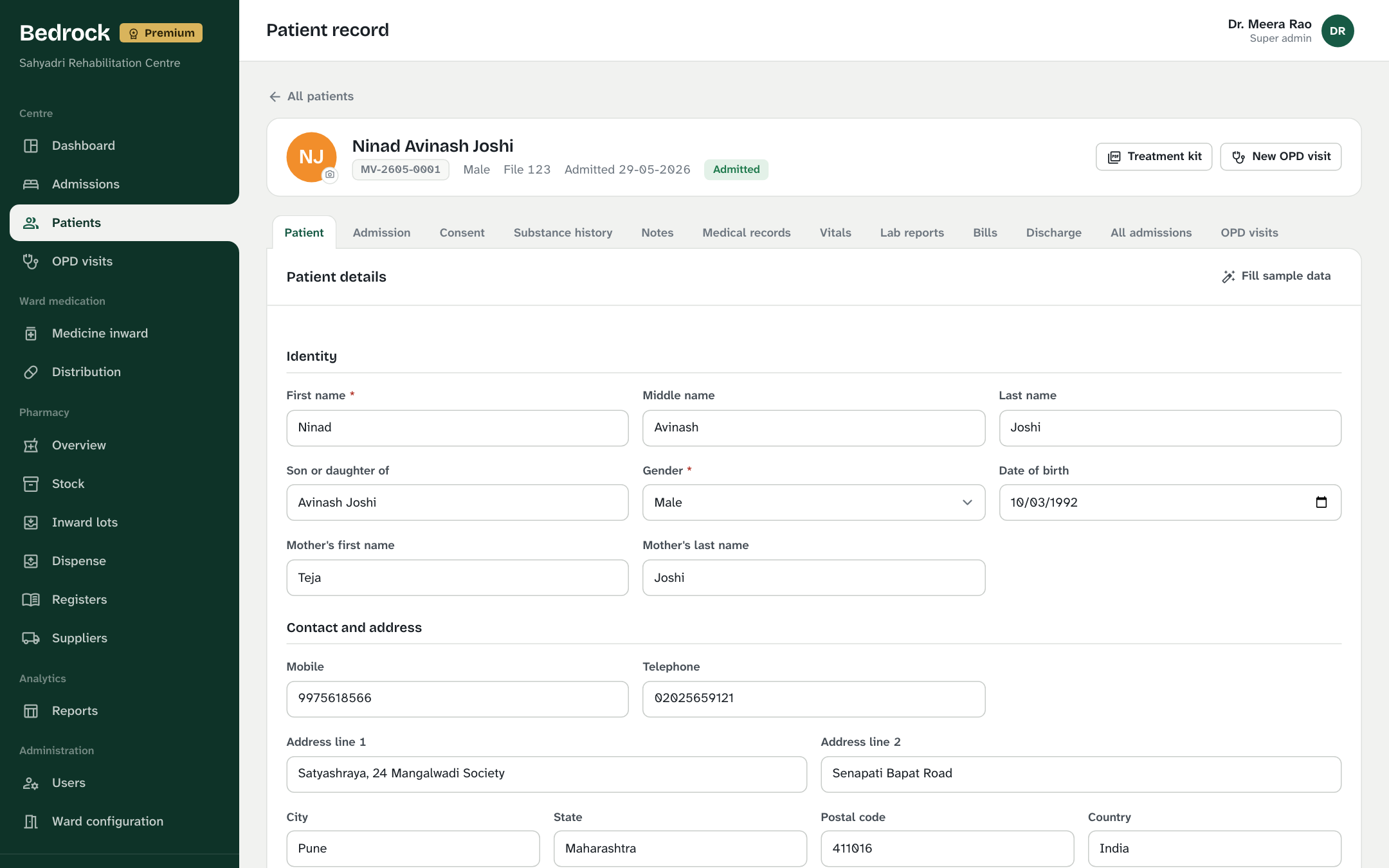 A patient record in Bedrock with tabs for admission, consent, notes, medical records, vitals, bills and discharge
